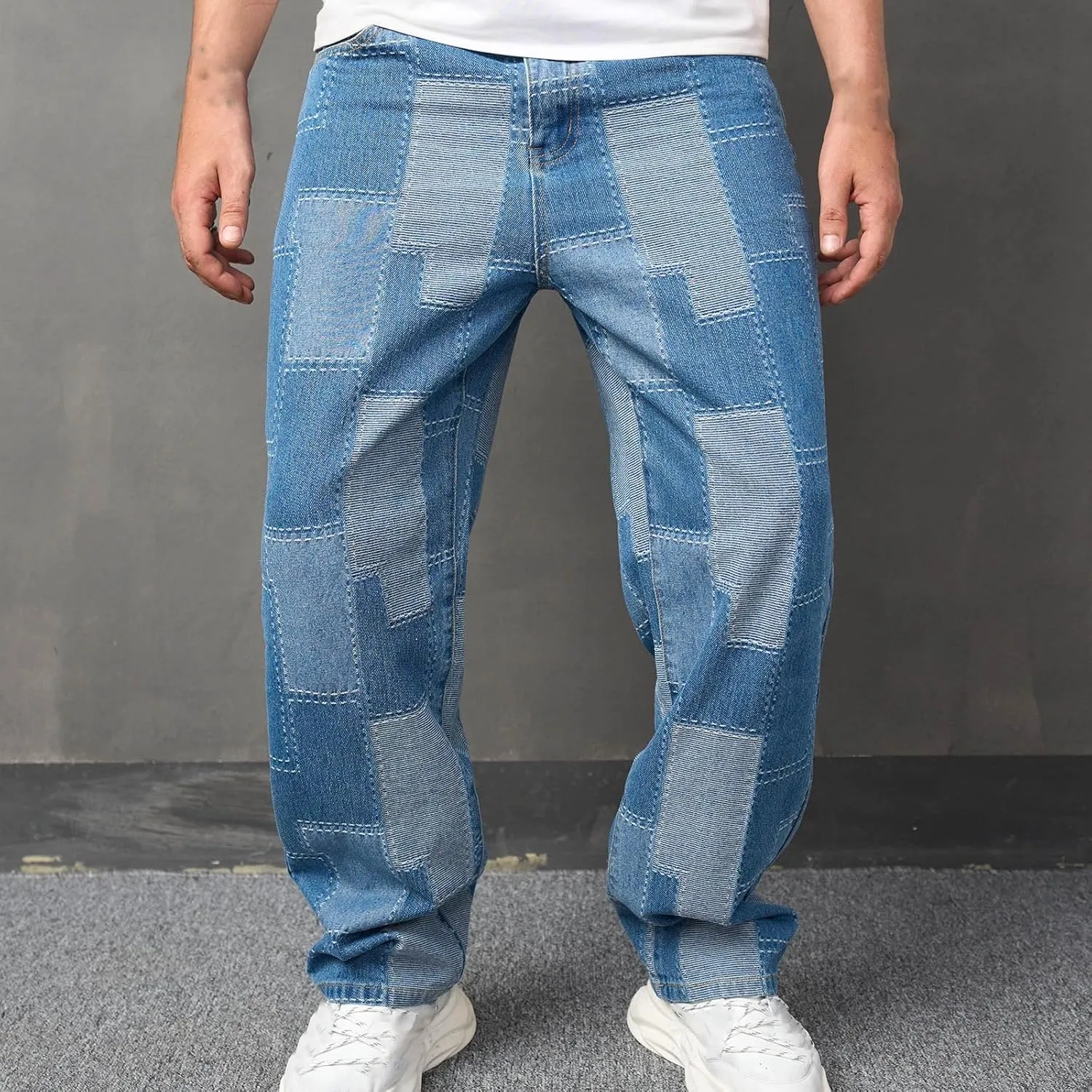 Men's Light Blue Stitches Jeans Applique Cloth Zipper Wash Elastic Trend Outdoors Denim Trousers Relaxed Fit Jeans