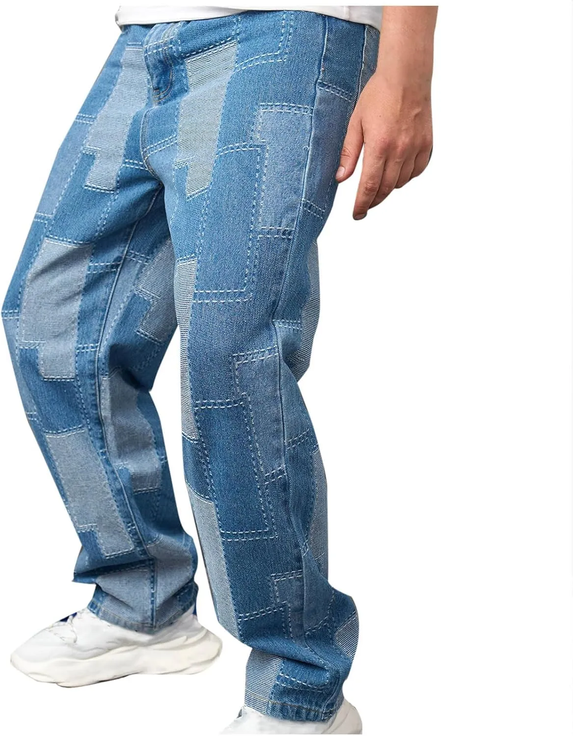 Men's Light Blue Stitches Jeans Applique Cloth Zipper Wash Elastic Trend Outdoors Denim Trousers Relaxed Fit Jeans