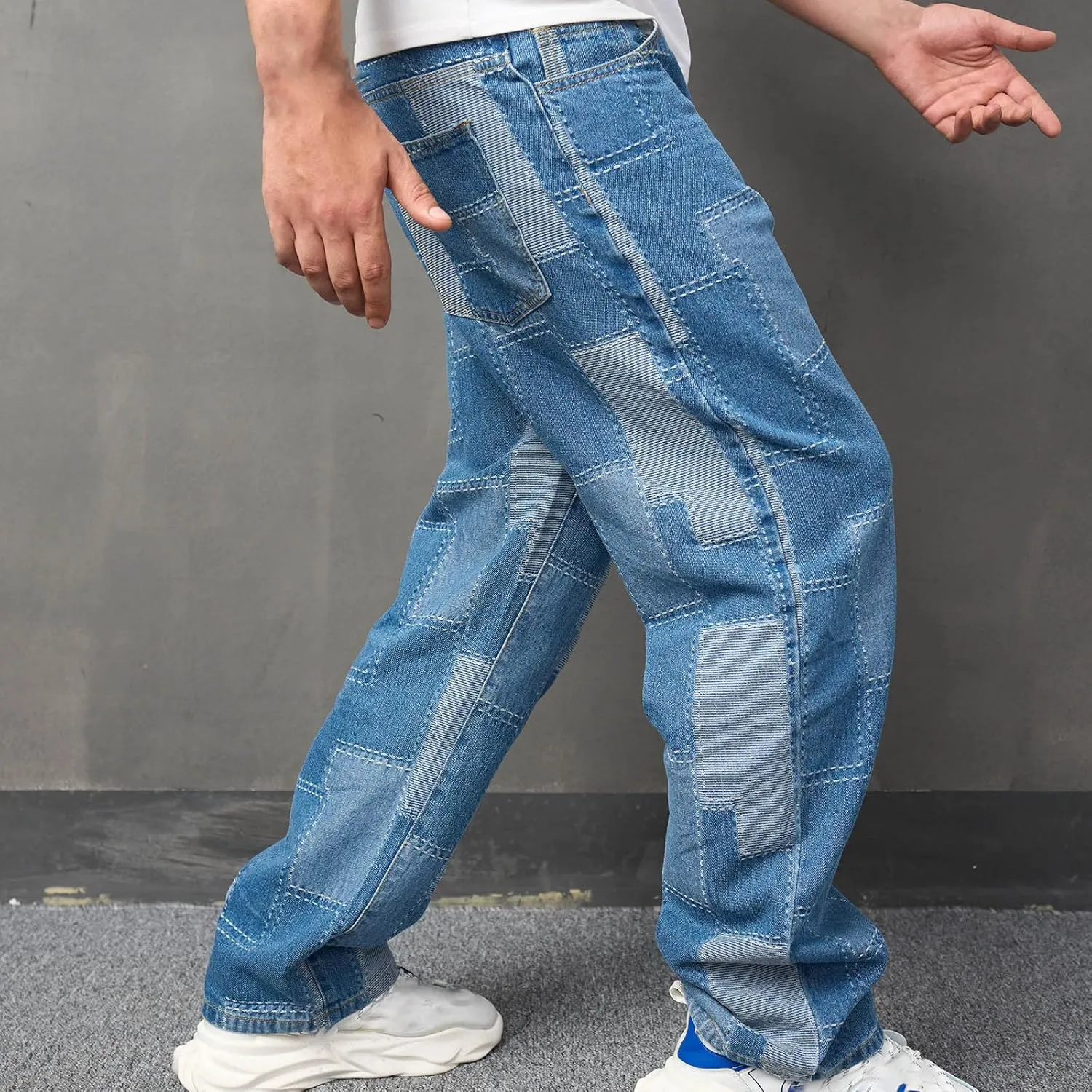 Men's Light Blue Stitches Jeans Applique Cloth Zipper Wash Elastic Trend Outdoors Denim Trousers Relaxed Fit Jeans