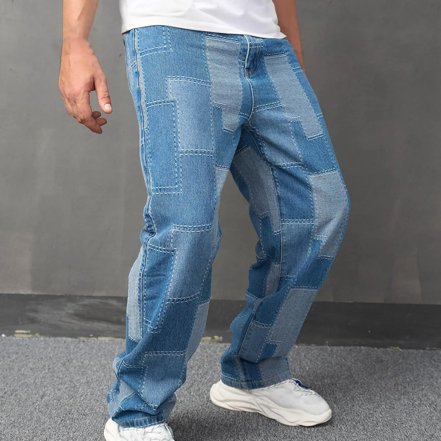 Men's Light Blue Stitches Jeans Applique Cloth Zipper Wash Elastic Trend Outdoors Denim Trousers Relaxed Fit Jeans