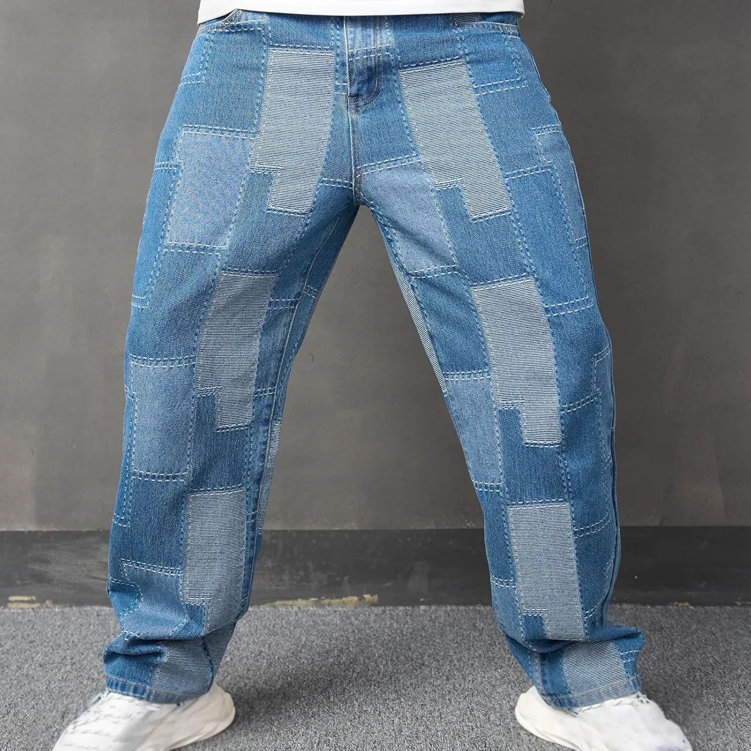 Men's Light Blue Stitches Jeans Applique Cloth Zipper Wash Elastic Trend Outdoors Denim Trousers Relaxed Fit Jeans