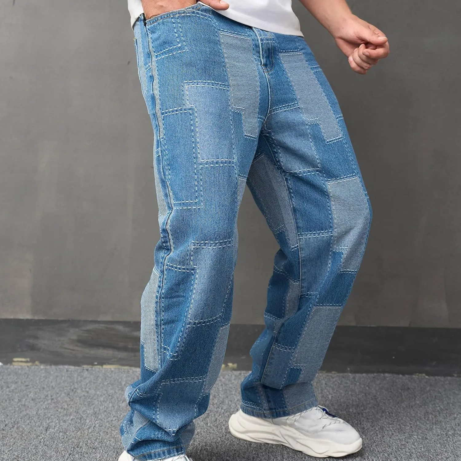 Men's Light Blue Stitches Jeans Applique Cloth Zipper Wash Elastic Trend Outdoors Denim Trousers Relaxed Fit Jeans