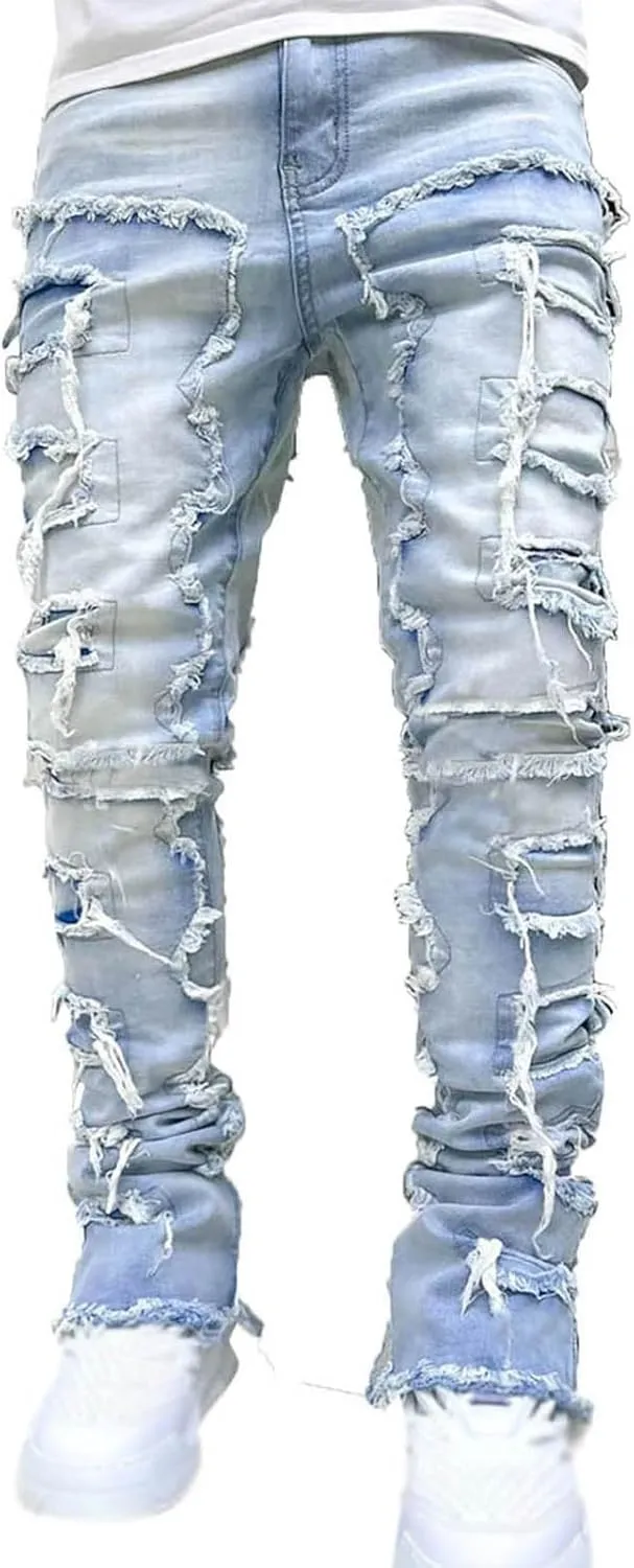 Men's Light Wash Slim Straight Stretch Denim Jeans 70s Disco Relaxed Fit Work Bottom Jeans for Men
