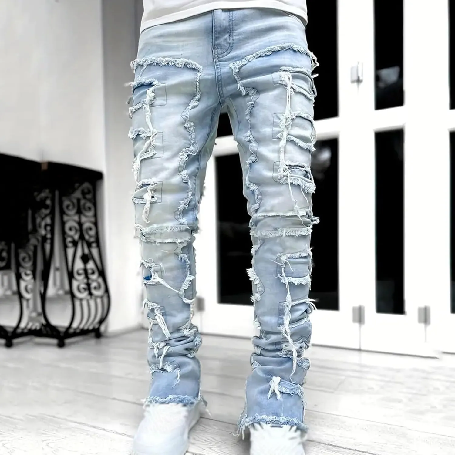 Men's Light Wash Slim Straight Stretch Denim Jeans 70s Disco Relaxed Fit Work Bottom Jeans for Men