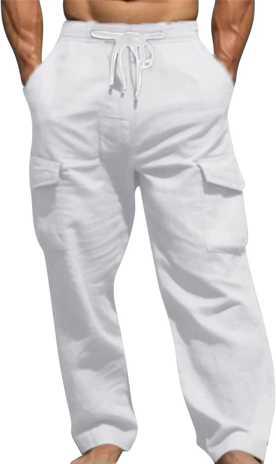 Mens Linen Beach Pants Big Tall Casual Elastic Waist Summer Beach Pants Lightweight Breathable Yoga Vacation Trouser