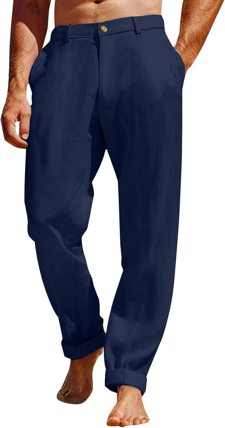 Mens Linen Pants Big and Tall Casual Elastic Waist Summer Beach Pants Lightweight Breathable Yoga Vacation Trousers