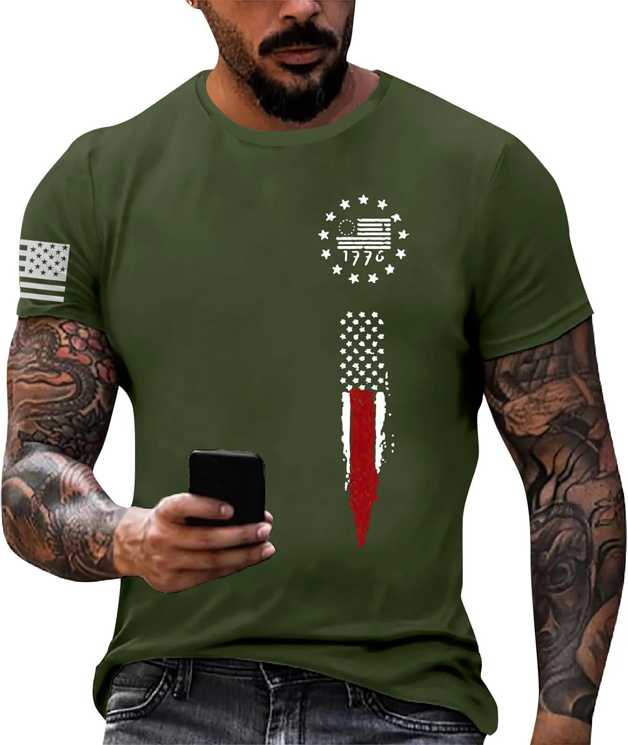 Men's Shirt Sleeve 1776 USA Flag Graphic Dry Fit Cotton Breathable T-Shirts American Shirts