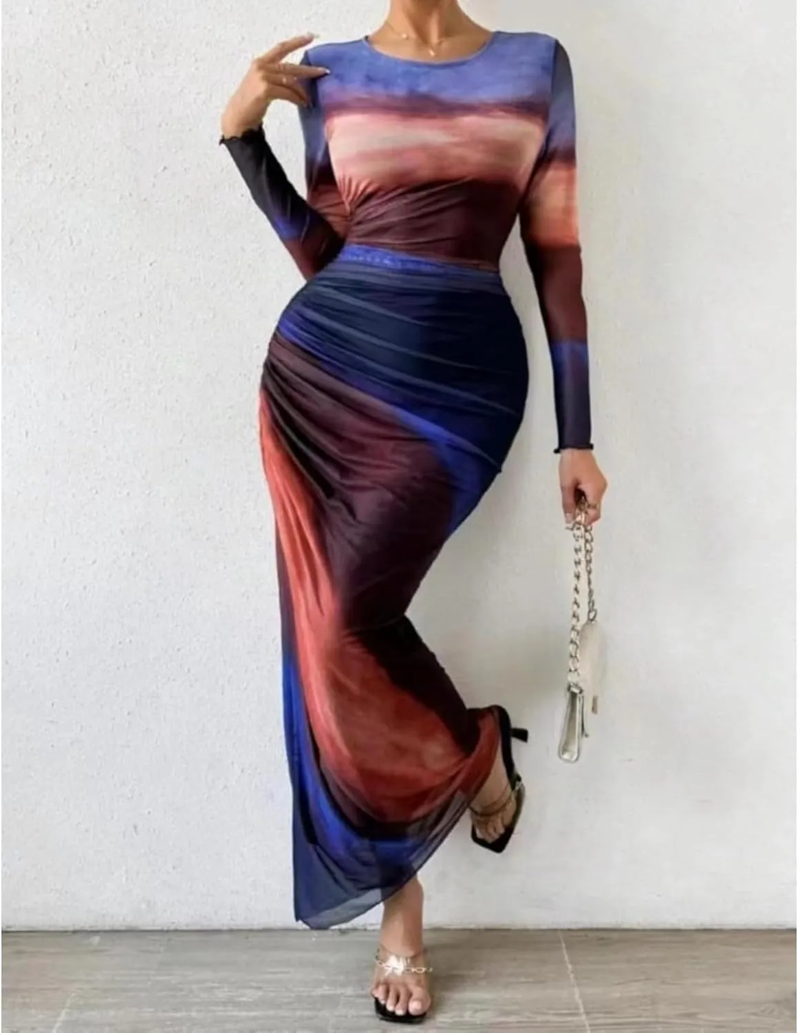 Ruched Dress Long Sleeve Dress Tie Dye Dress Maxi Dress Elegant Dress Slim Fit Dress Bodycon Dress Mesh Dress