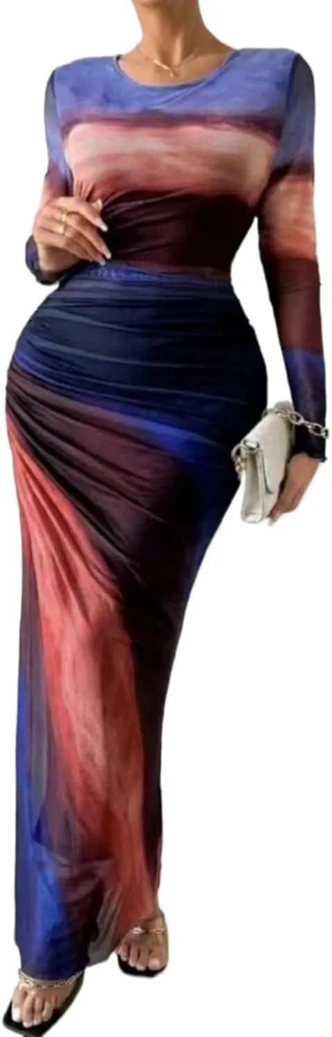 Ruched Dress Long Sleeve Dress Tie Dye Dress Maxi Dress Elegant Dress Slim Fit Dress Bodycon Dress Mesh Dress