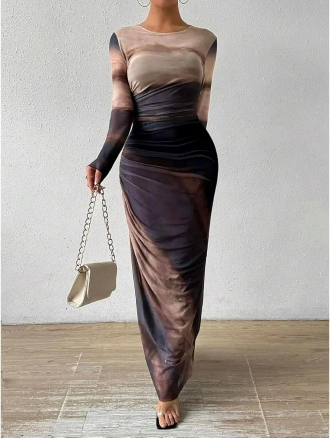 Ruched Dress Long Sleeve Dress Tie Dye Dress Maxi Dress Elegant Dress Slim Fit Dress Bodycon Dress Mesh Dress