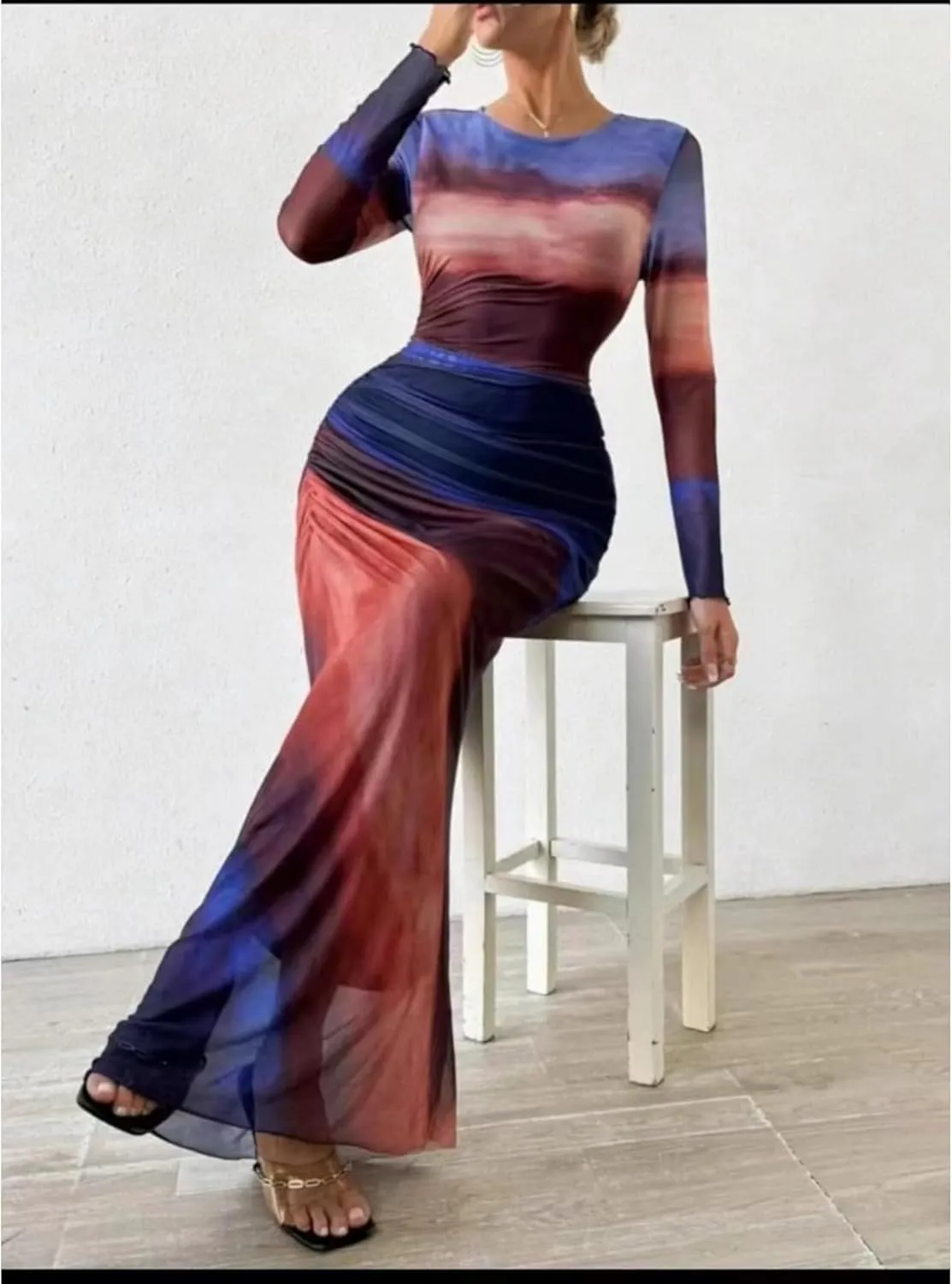 Ruched Dress Long Sleeve Dress Tie Dye Dress Maxi Dress Elegant Dress Slim Fit Dress Bodycon Dress Mesh Dress