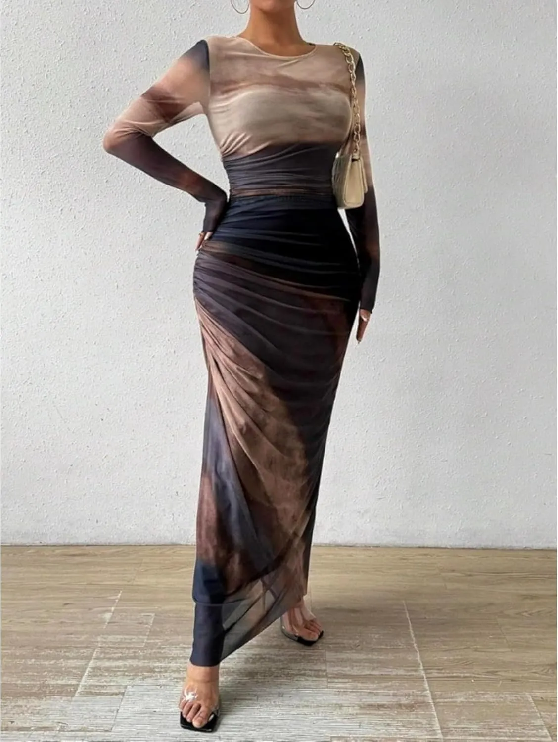 Ruched Dress Long Sleeve Dress Tie Dye Dress Maxi Dress Elegant Dress Slim Fit Dress Bodycon Dress Mesh Dress