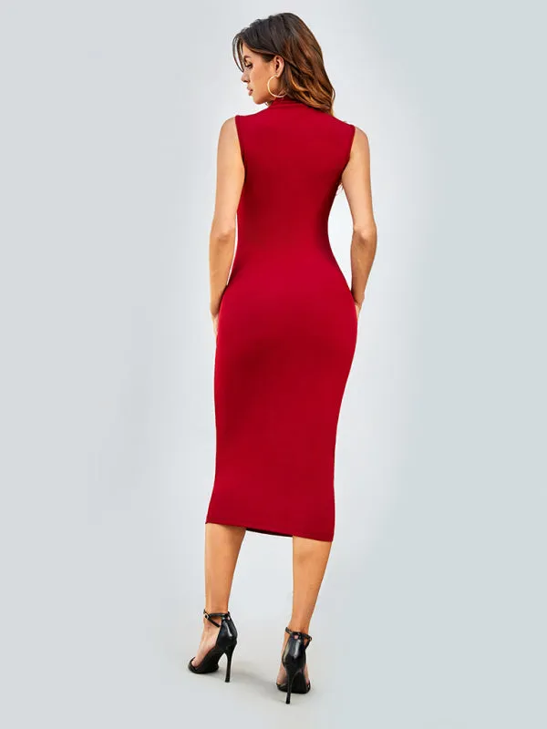 Solid Tight Body-Hugging Sleeveless Midi Dress