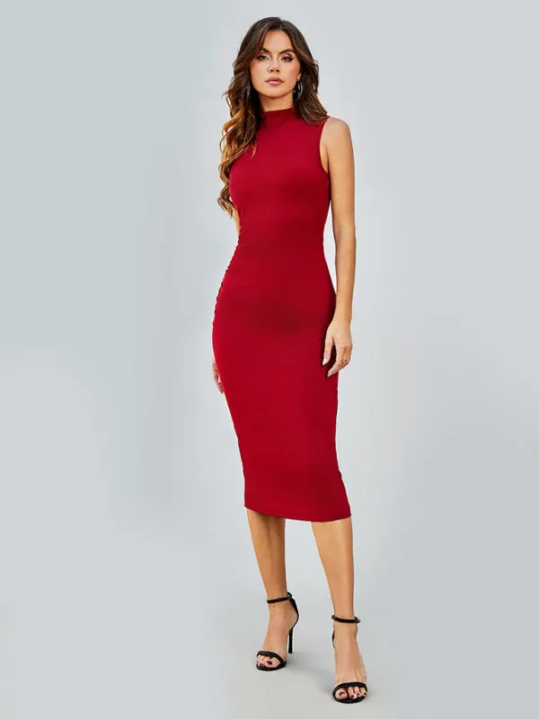 Solid Tight Body-Hugging Sleeveless Midi Dress