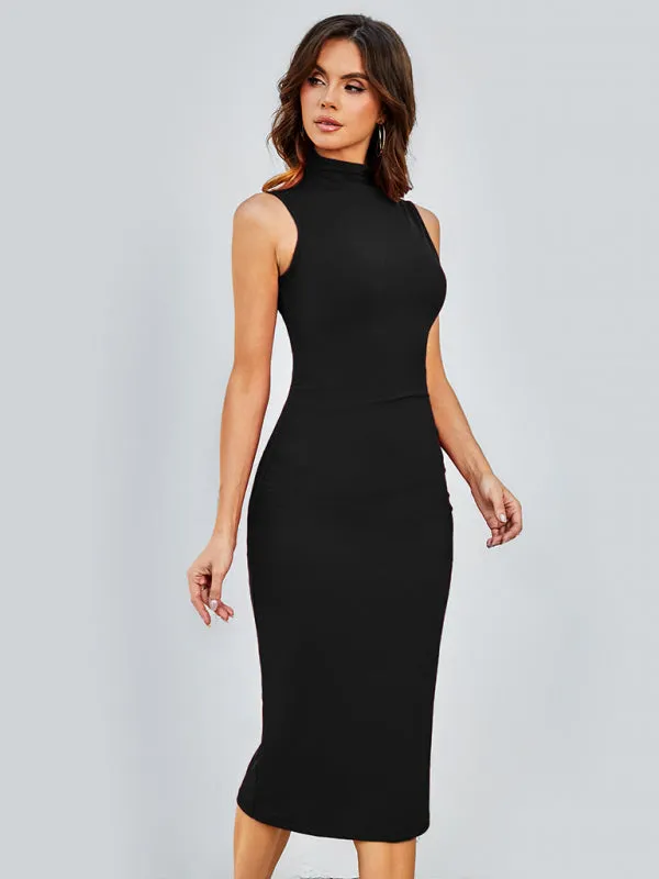 Solid Tight Body-Hugging Sleeveless Midi Dress