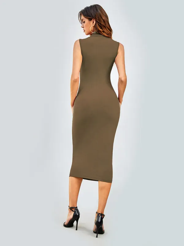 Solid Tight Body-Hugging Sleeveless Midi Dress