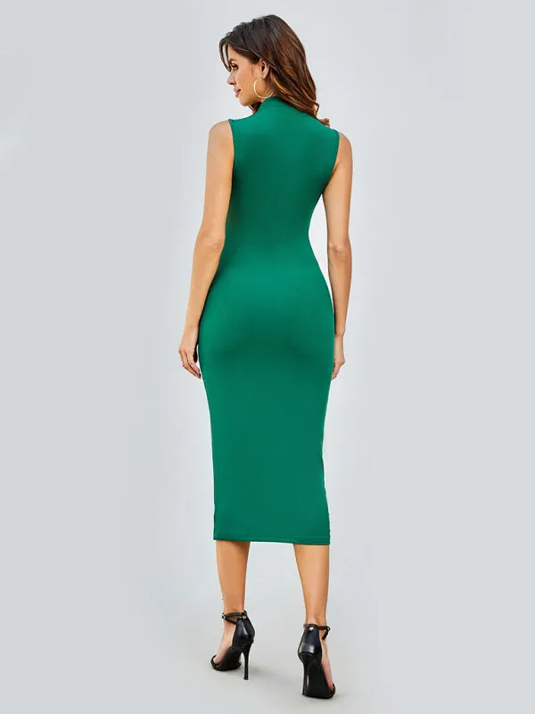 Solid Tight Body-Hugging Sleeveless Midi Dress