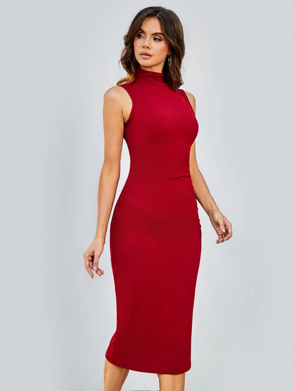 Solid Tight Body-Hugging Sleeveless Midi Dress