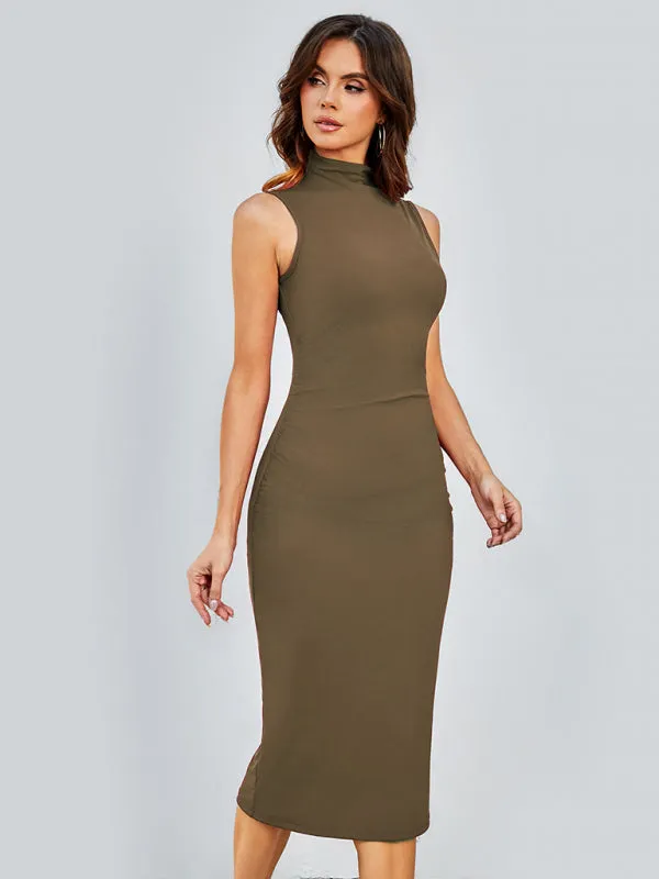 Solid Tight Body-Hugging Sleeveless Midi Dress