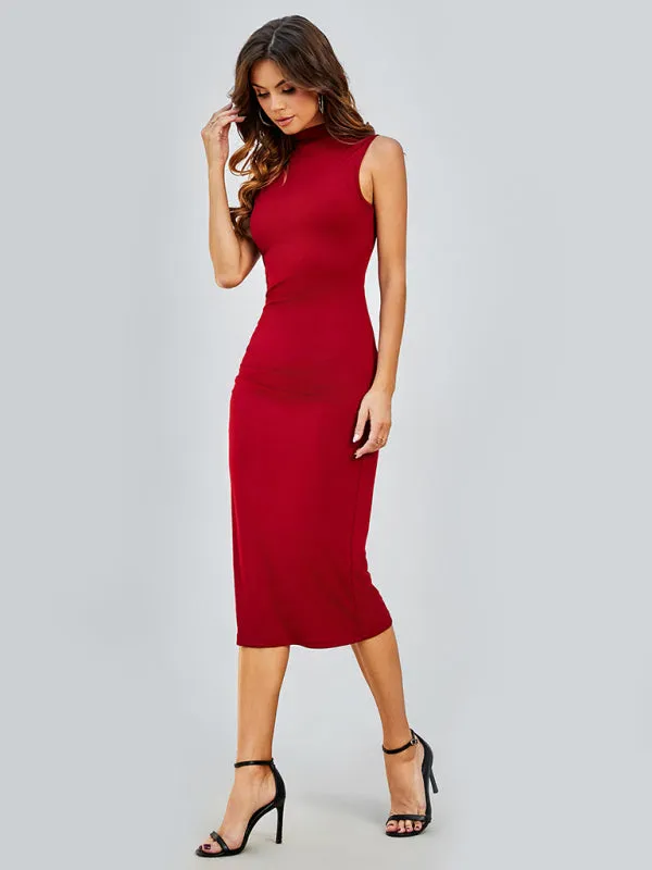 Solid Tight Body-Hugging Sleeveless Midi Dress