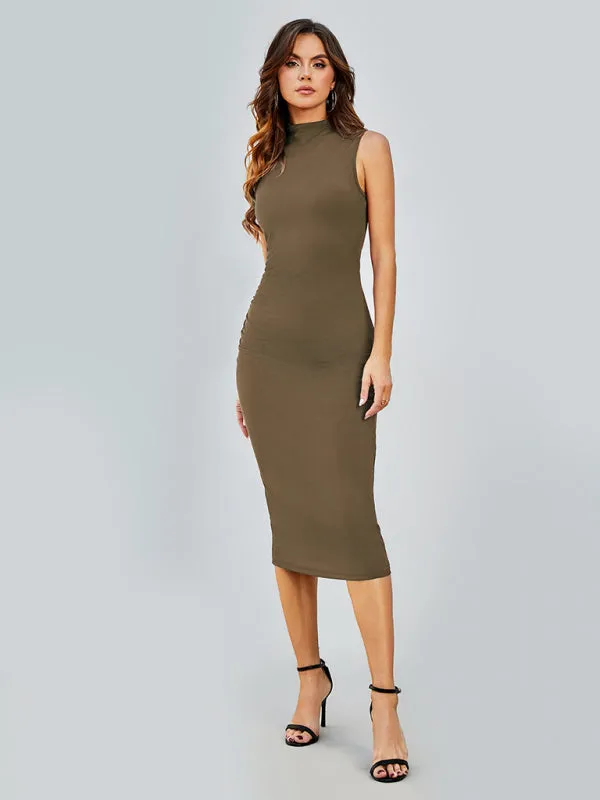 Solid Tight Body-Hugging Sleeveless Midi Dress