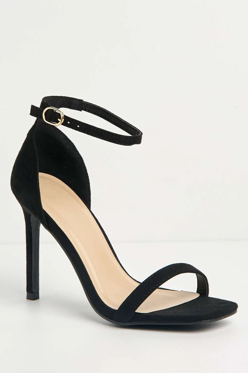 Sovia Ankle Strap Square Toe Heeled Sandals in Black Suede