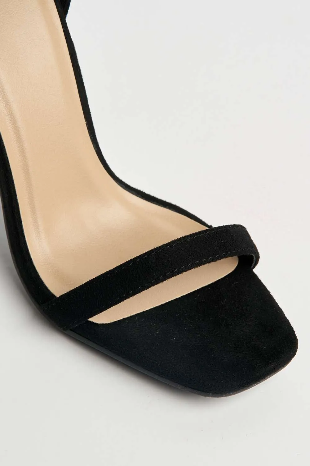 Sovia Ankle Strap Square Toe Heeled Sandals in Black Suede