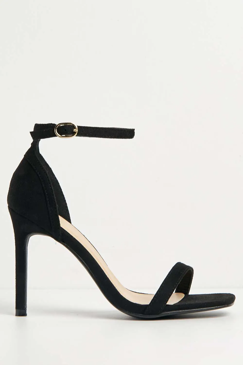 Sovia Ankle Strap Square Toe Heeled Sandals in Black Suede