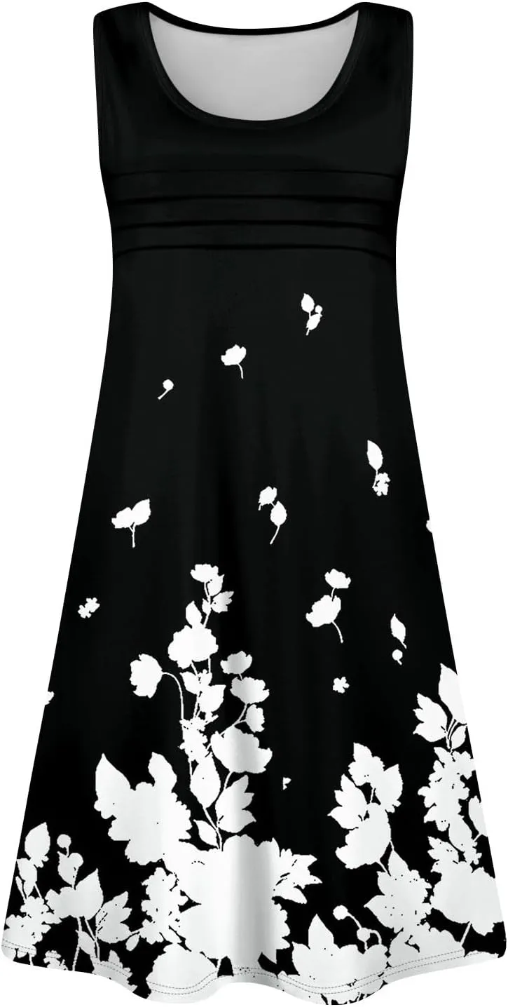 Summer Dresses for Women 2025 Beach Vacation Spring Clothes Sleeveless Round Neck Folds Casual Sun Dress