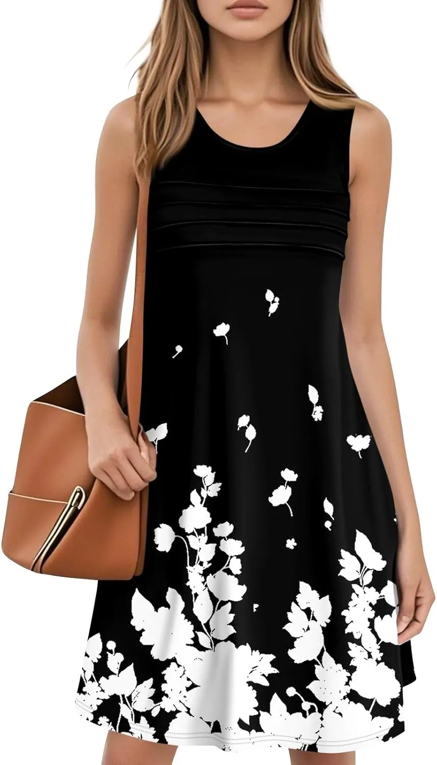 Summer Dresses for Women 2025 Beach Vacation Spring Clothes Sleeveless Round Neck Folds Casual Sun Dress