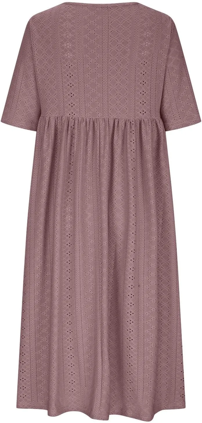 Summer Dresses for Women 2025 Comfy High Waist Boho Long Dress Casual Crew Neck Ruffle Hem Sundresses with Pockets