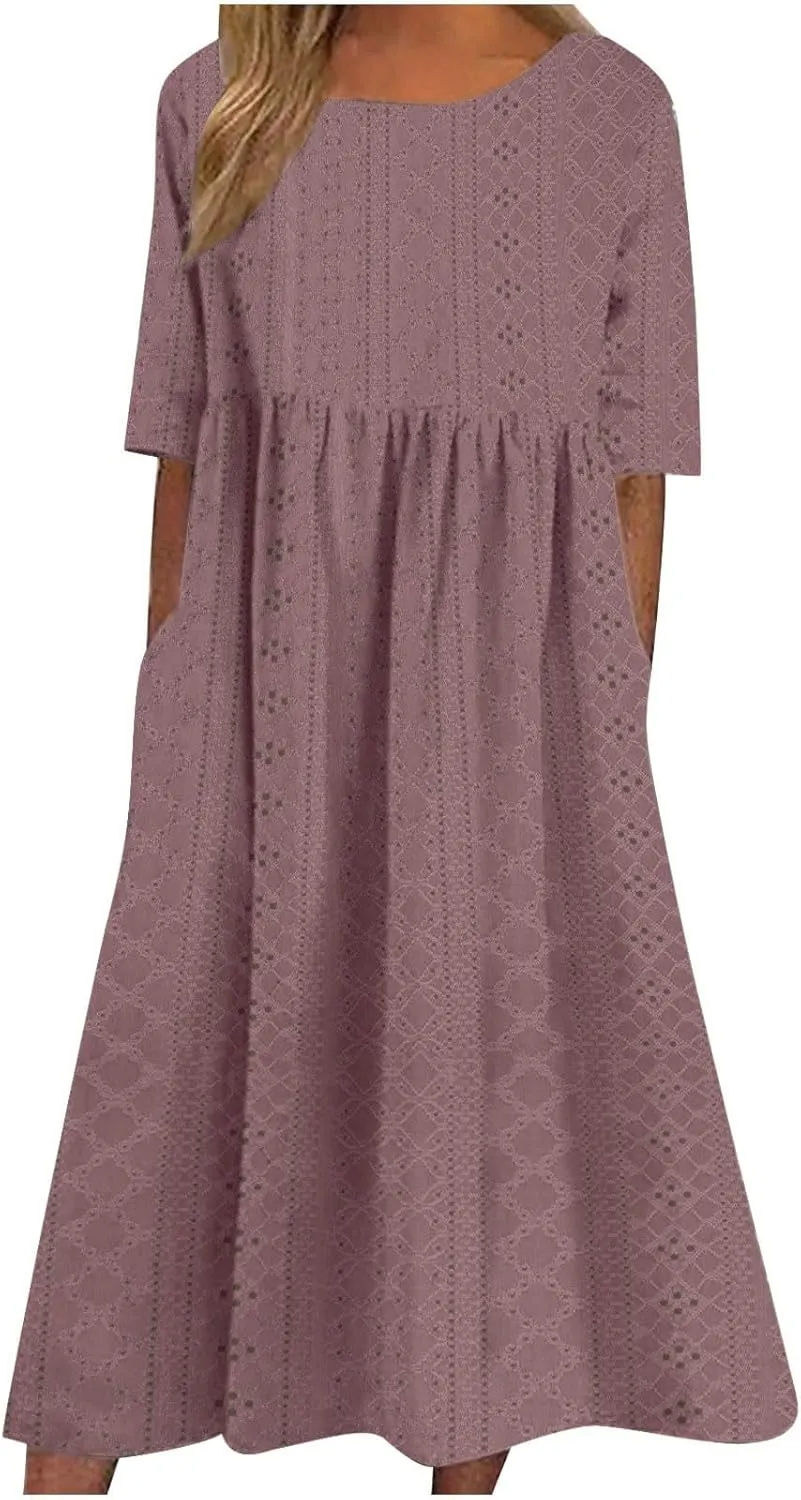 Summer Dresses for Women 2025 Comfy High Waist Boho Long Dress Casual Crew Neck Ruffle Hem Sundresses with Pockets