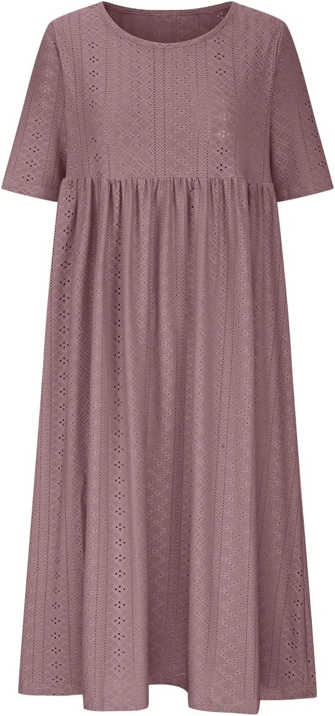 Summer Dresses for Women 2025 Comfy High Waist Boho Long Dress Casual Crew Neck Ruffle Hem Sundresses with Pockets