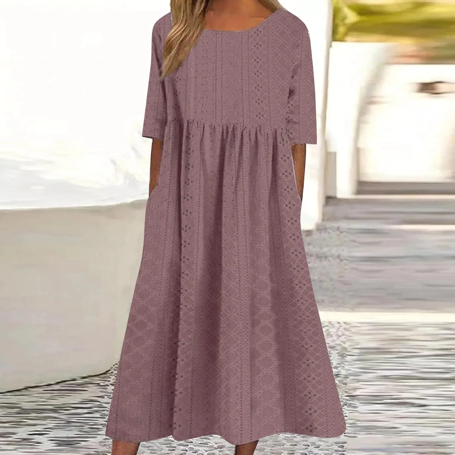 Summer Dresses for Women 2025 Comfy High Waist Boho Long Dress Casual Crew Neck Ruffle Hem Sundresses with Pockets