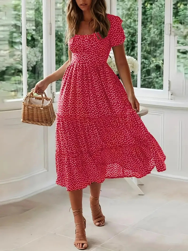 TastyHottie - Short Sleeve Polka Dot Ruffle Hem Beach Maxi Dress