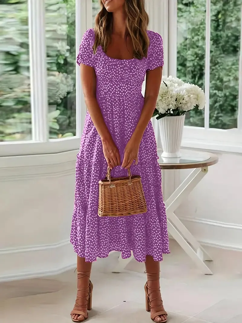 TastyHottie - Short Sleeve Polka Dot Ruffle Hem Beach Maxi Dress