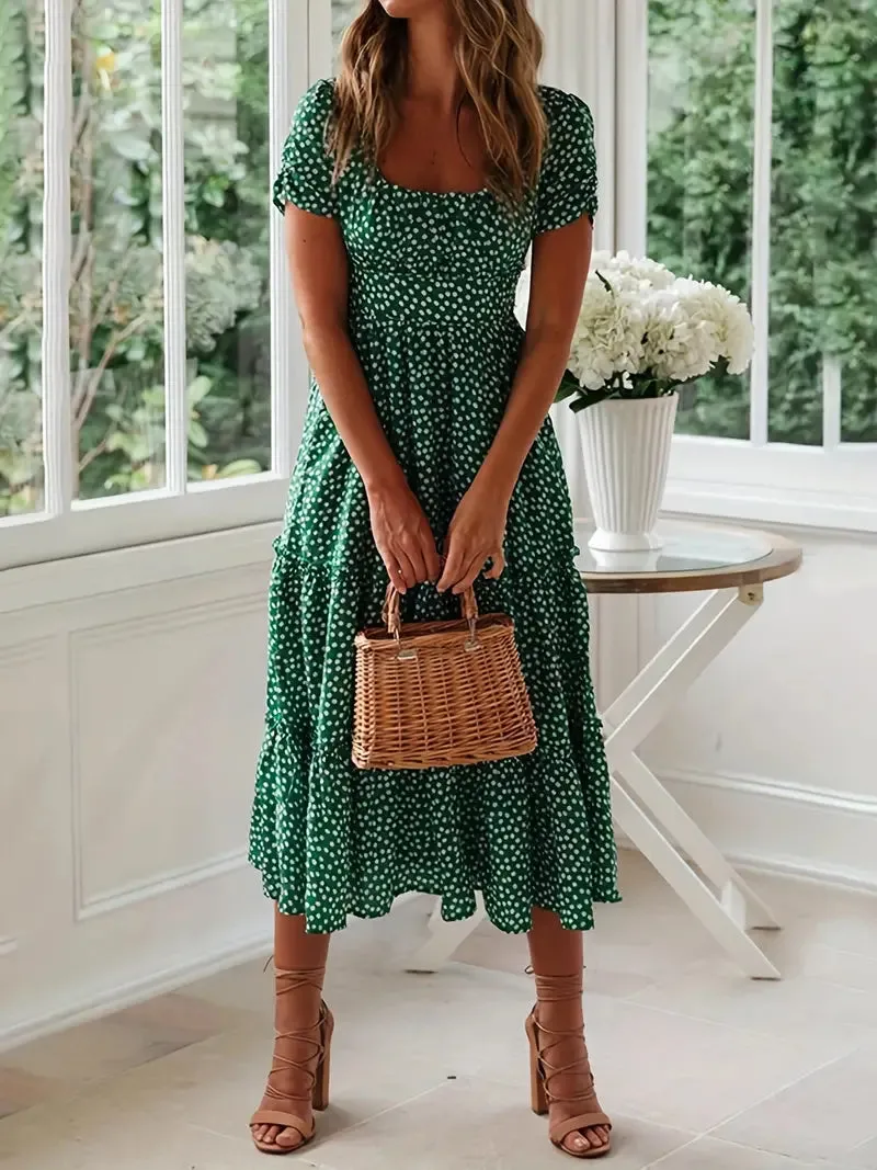 TastyHottie - Short Sleeve Polka Dot Ruffle Hem Beach Maxi Dress