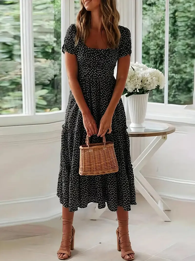 TastyHottie - Short Sleeve Polka Dot Ruffle Hem Beach Maxi Dress