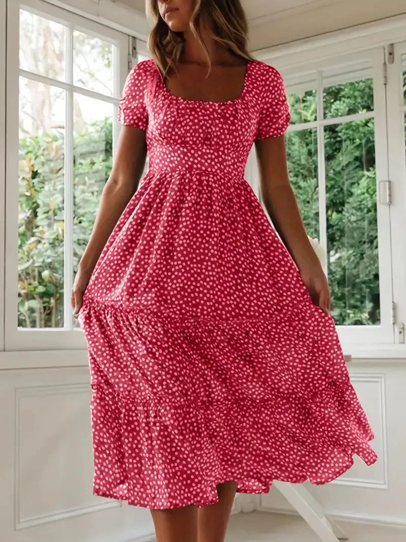 TastyHottie - Short Sleeve Polka Dot Ruffle Hem Beach Maxi Dress
