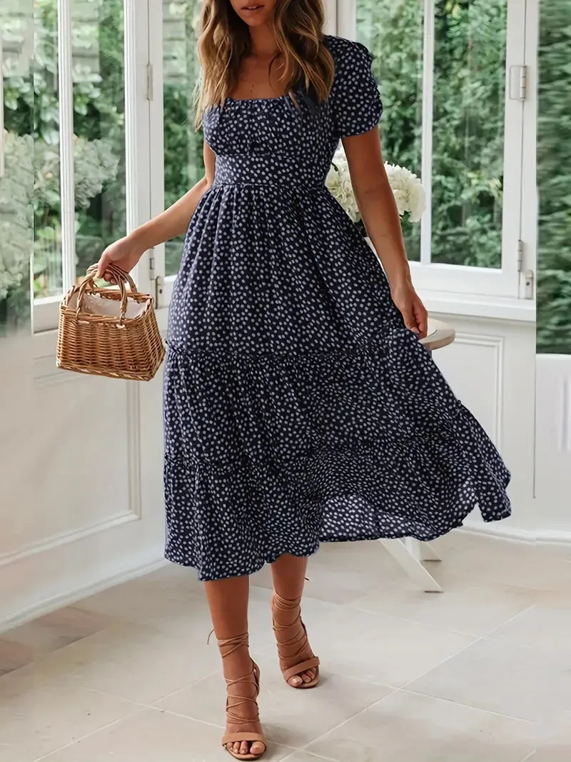 TastyHottie - Short Sleeve Polka Dot Ruffle Hem Beach Maxi Dress