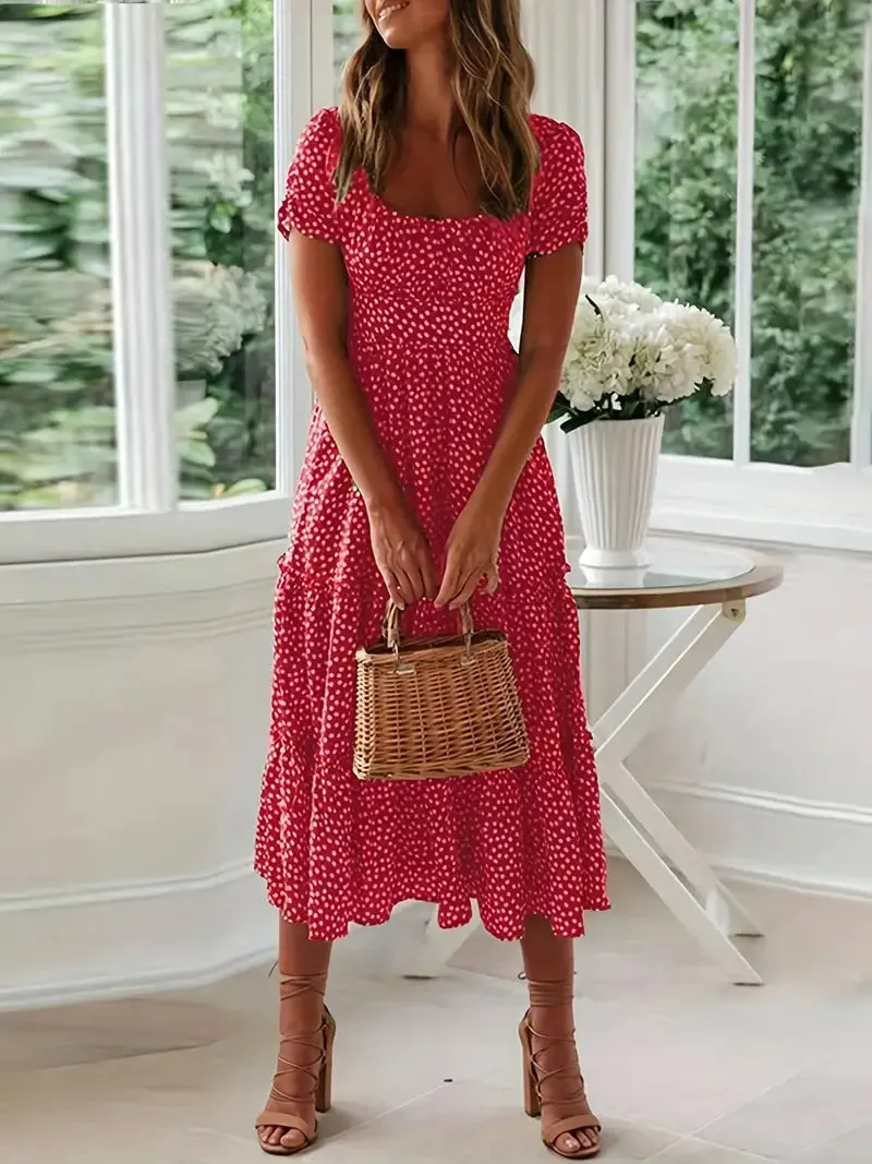 TastyHottie - Short Sleeve Polka Dot Ruffle Hem Beach Maxi Dress