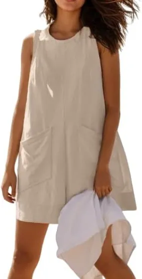 TIAFORD Women Summer Sleeveless Overall Short Cotton Linen Baggy Loose Crewneck Jumpsuit Casual Wide Leg Romper with Pocket