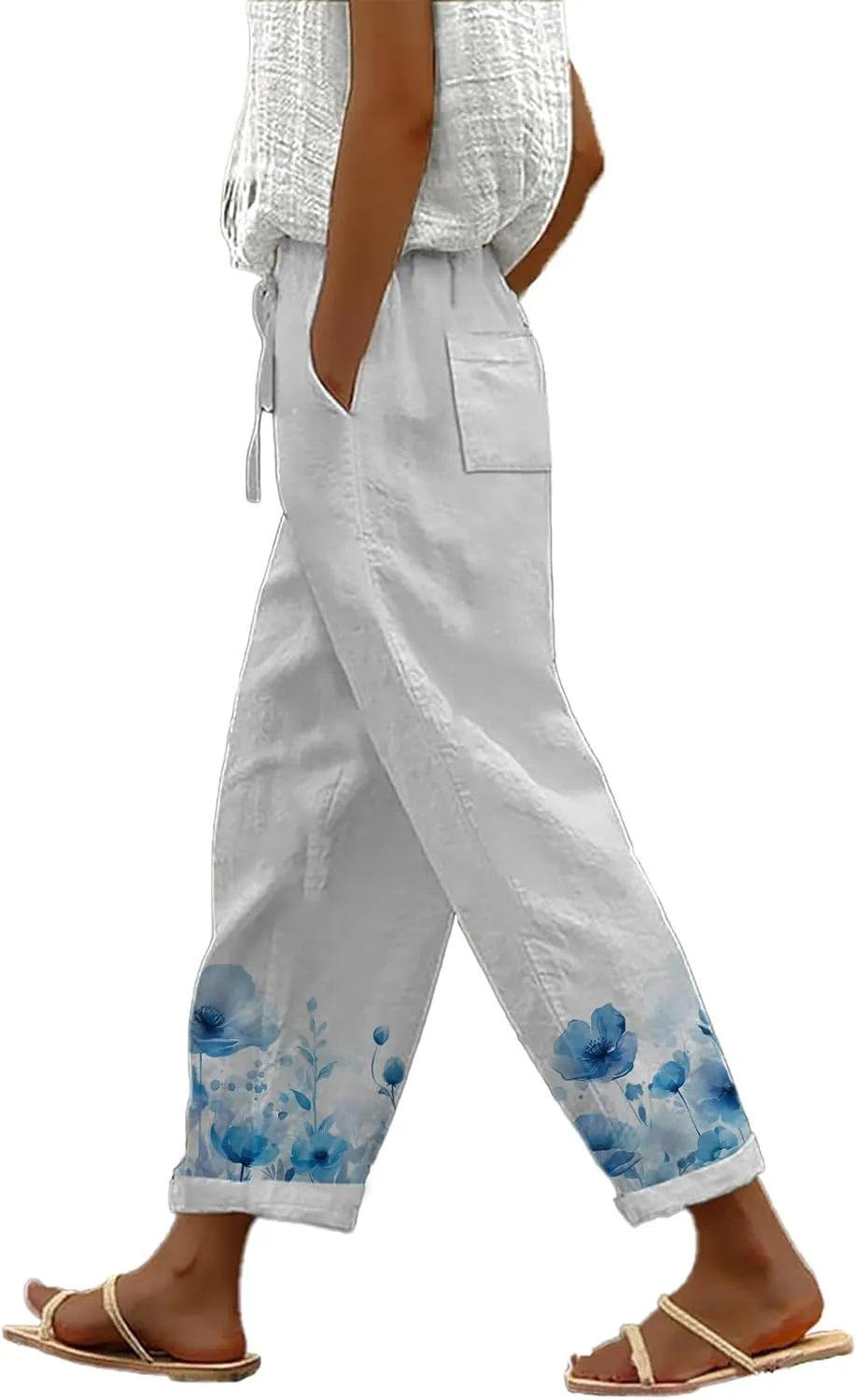 Trendy Pants for Women 2025 Floral Butterfly Print Lightweight Breathable Casual Beach Trousers with Pocket
