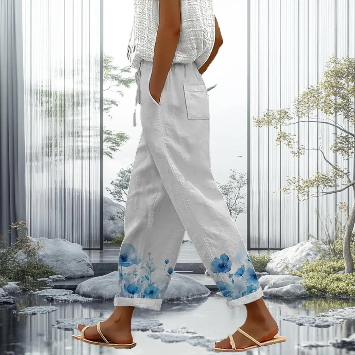 Trendy Pants for Women 2025 Floral Butterfly Print Lightweight Breathable Casual Beach Trousers with Pocket