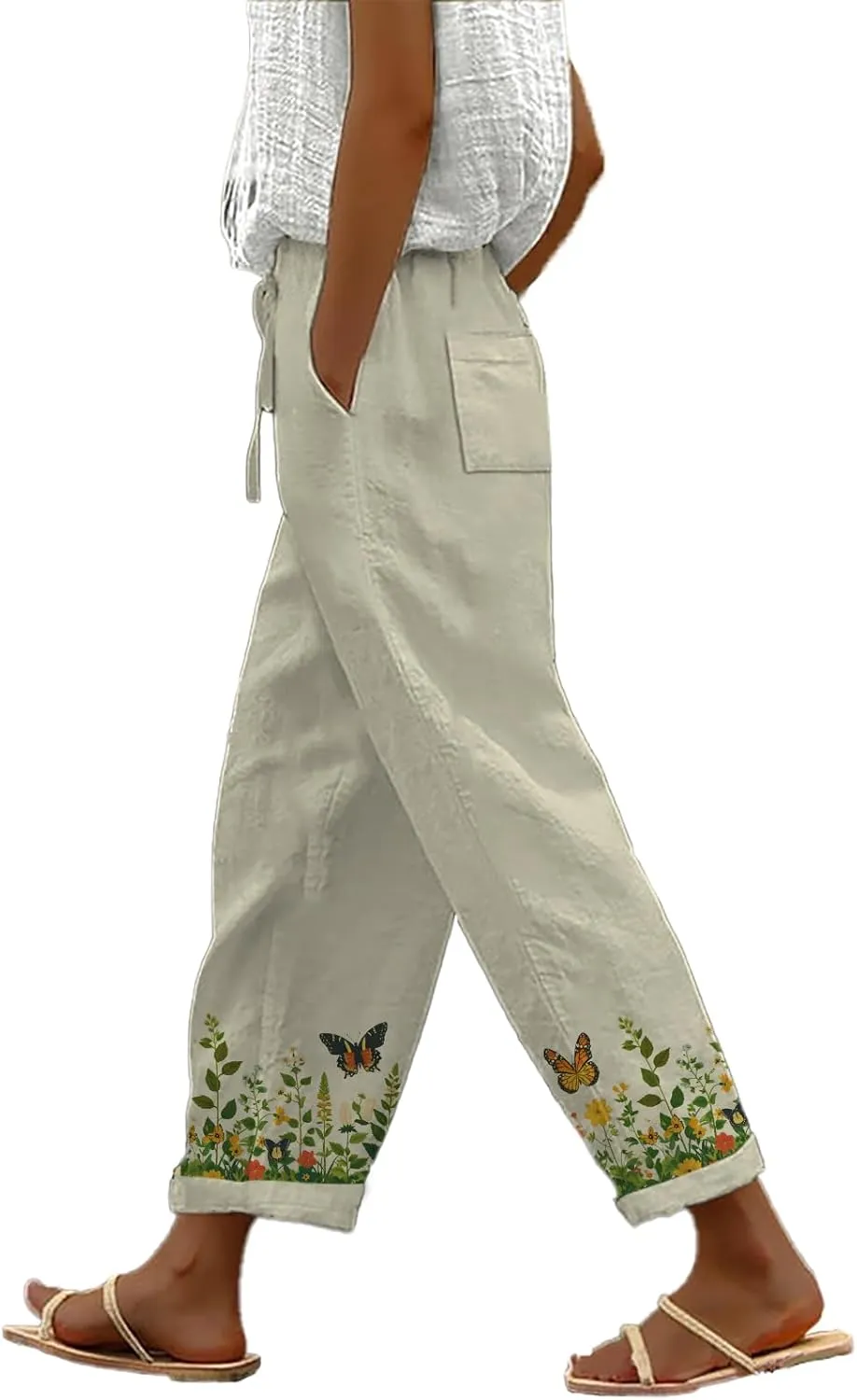 Trendy Pants for Women 2025 Floral Butterfly Print Lightweight Breathable Casual Beach Trousers with Pocket