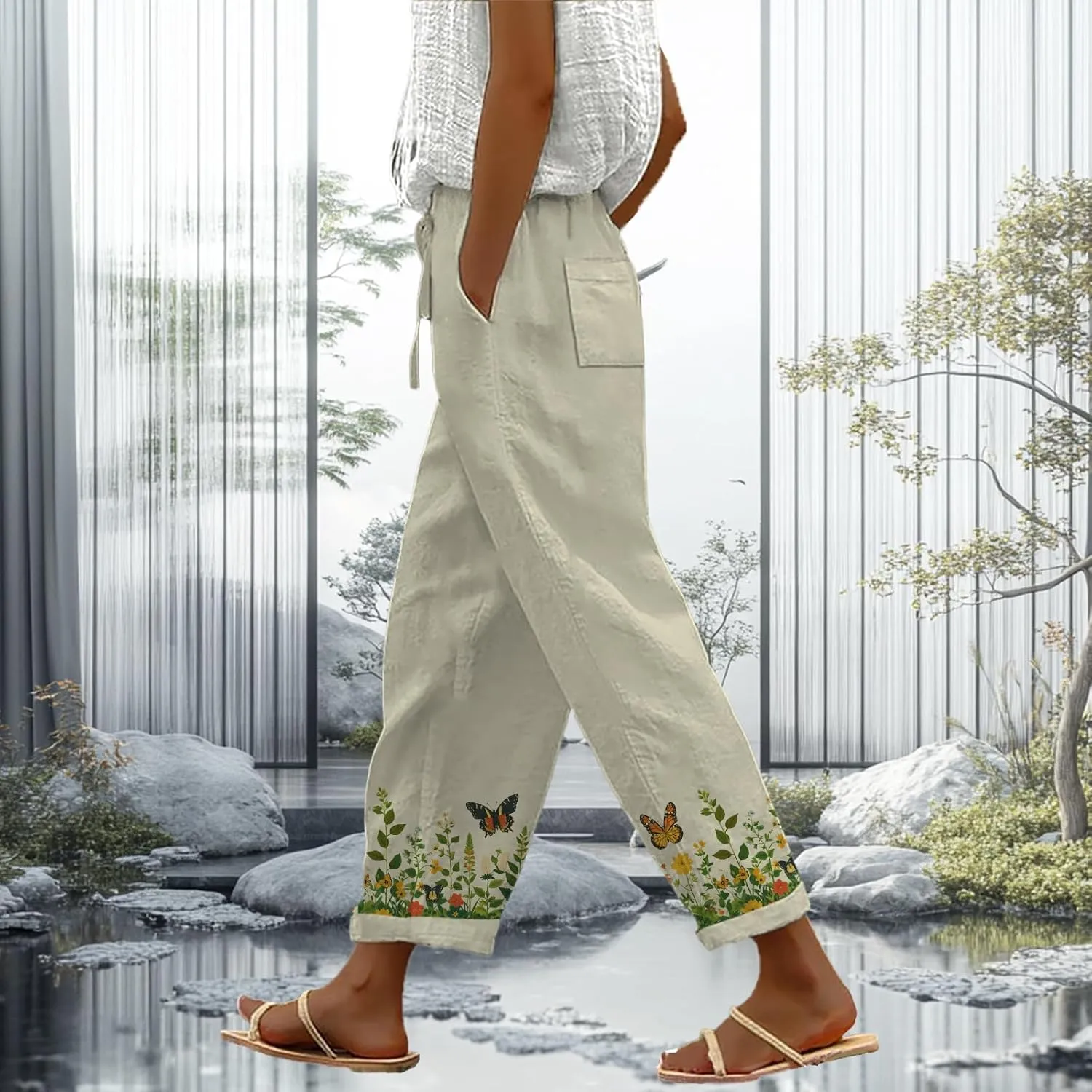 Trendy Pants for Women 2025 Floral Butterfly Print Lightweight Breathable Casual Beach Trousers with Pocket