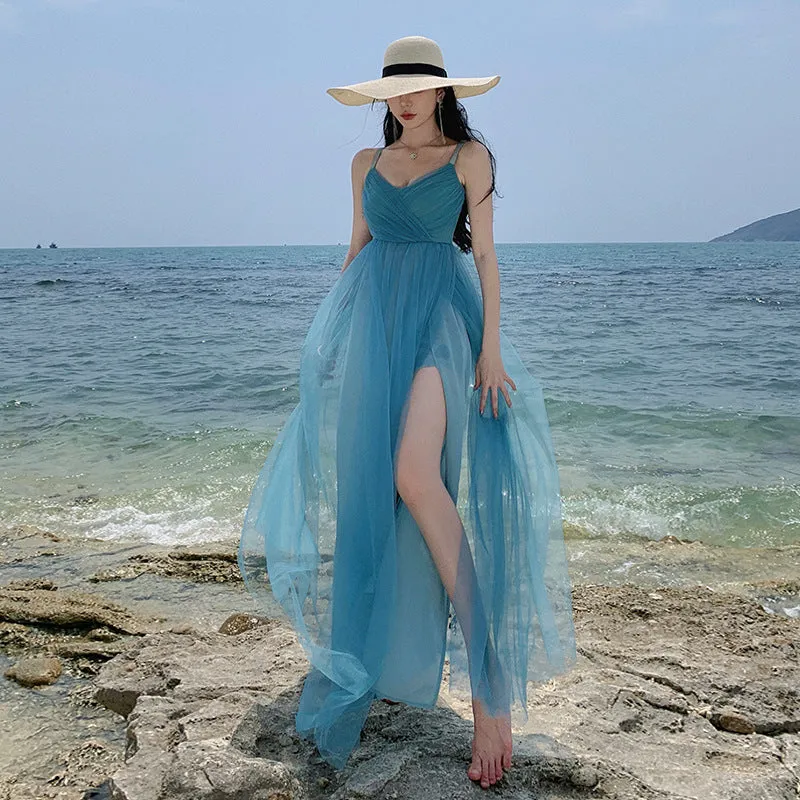 V Neck  Blue Tulle Long Dress with Slit Sweet Summer Beach Dress 410