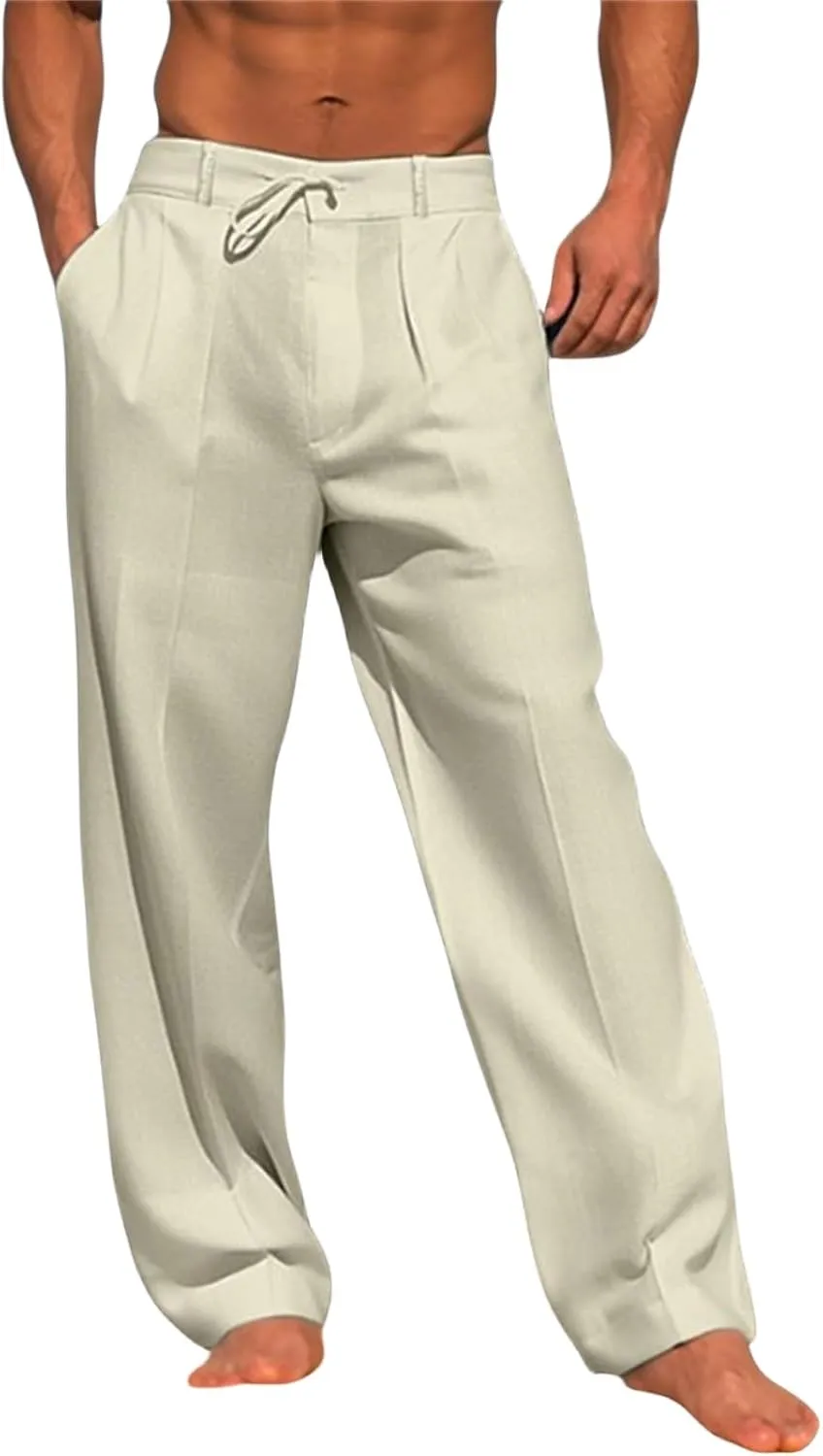 Wankang Men's Cotton Linen Pants Summer Casual Lightweight Relaxed Fit Drawstring Trousers Breathable Beach Pants for Men