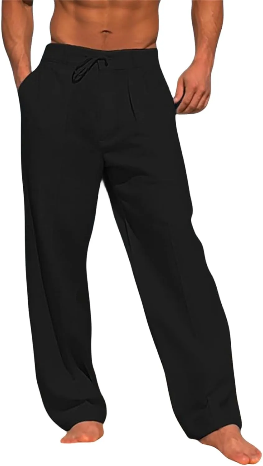 Wankang Men's Cotton Linen Pants Summer Casual Lightweight Relaxed Fit Drawstring Trousers Breathable Beach Pants for Men