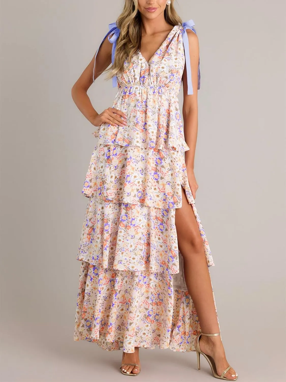 Wenrine Womens Summer Floral Maxi Dress Tie Strap Sleeveless V Neck High Slit Boho Ruffle Tiered Beach Dresses